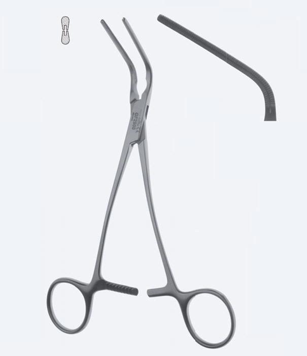 Зажими судинні Cooley, атравматичні, для протоки, зубці Cooley, з вигнутою ручкою, вигнуті на 60°, довжина 165 мм. Бренд - Asanus Medizintechnik Gmb, Німеччина